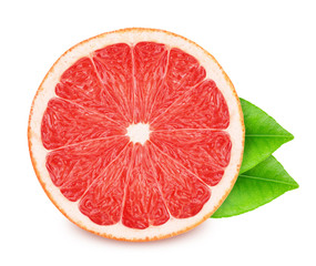 Half of pink grapefruit with leaves isolated on white background.