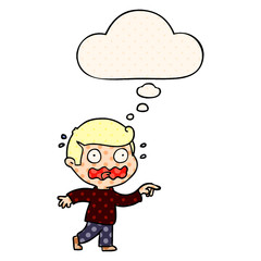 cartoon stressed out pointing and thought bubble in comic book style