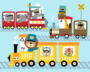Vector set of steam train cartoon with funny animals
