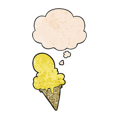 cartoon ice cream and thought bubble in grunge texture pattern style