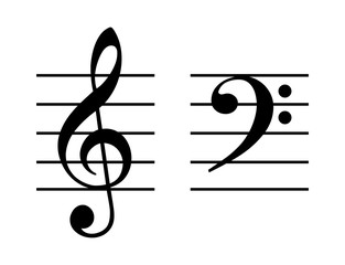 Treble and bass clef on five-line staff. G-clef placed on the second line and F-clef on fourth line of the stave. Two musical symbols, used to indicate the pitch of written notes. Illustration. Vector - obrazy, fototapety, plakaty