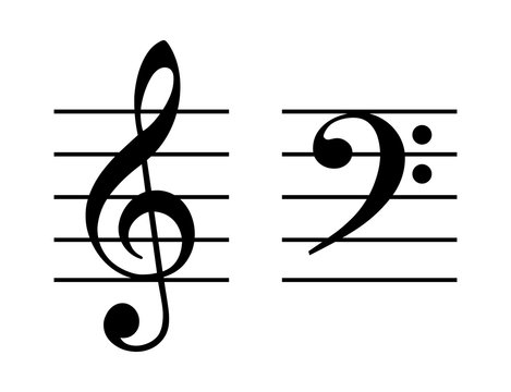 Treble and bass clef on five-line staff. G-clef placed on the second line and F-clef on fourth line of the stave. Two musical symbols, used to indicate the pitch of written notes. Illustration. Vector