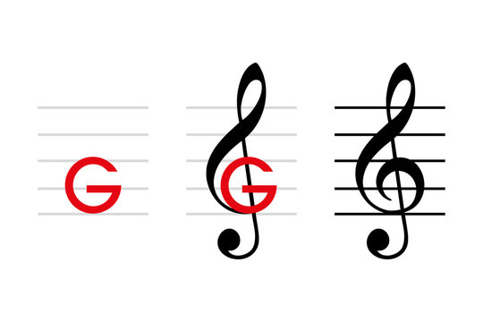 G-clef development, note G4, on the line that passes through the curl of the clef. Treble clef, if placed on second line stave. Musical symbol. Indicates pitch of written notes. Illustration. Vector.
