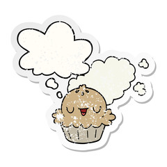 cute cartoon pie and thought bubble as a distressed worn sticker