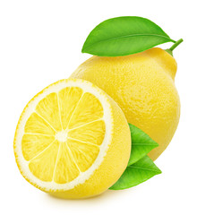 Whole and halved lemons isolated on white background.