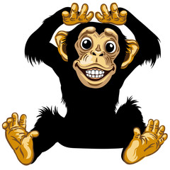 cartoon chimp ape or chimpanzee monkey smiling cheerful with a big smile on face showing teeth. Positive and happy emotion. Sitting pose. Front view. Isolated vector illustration