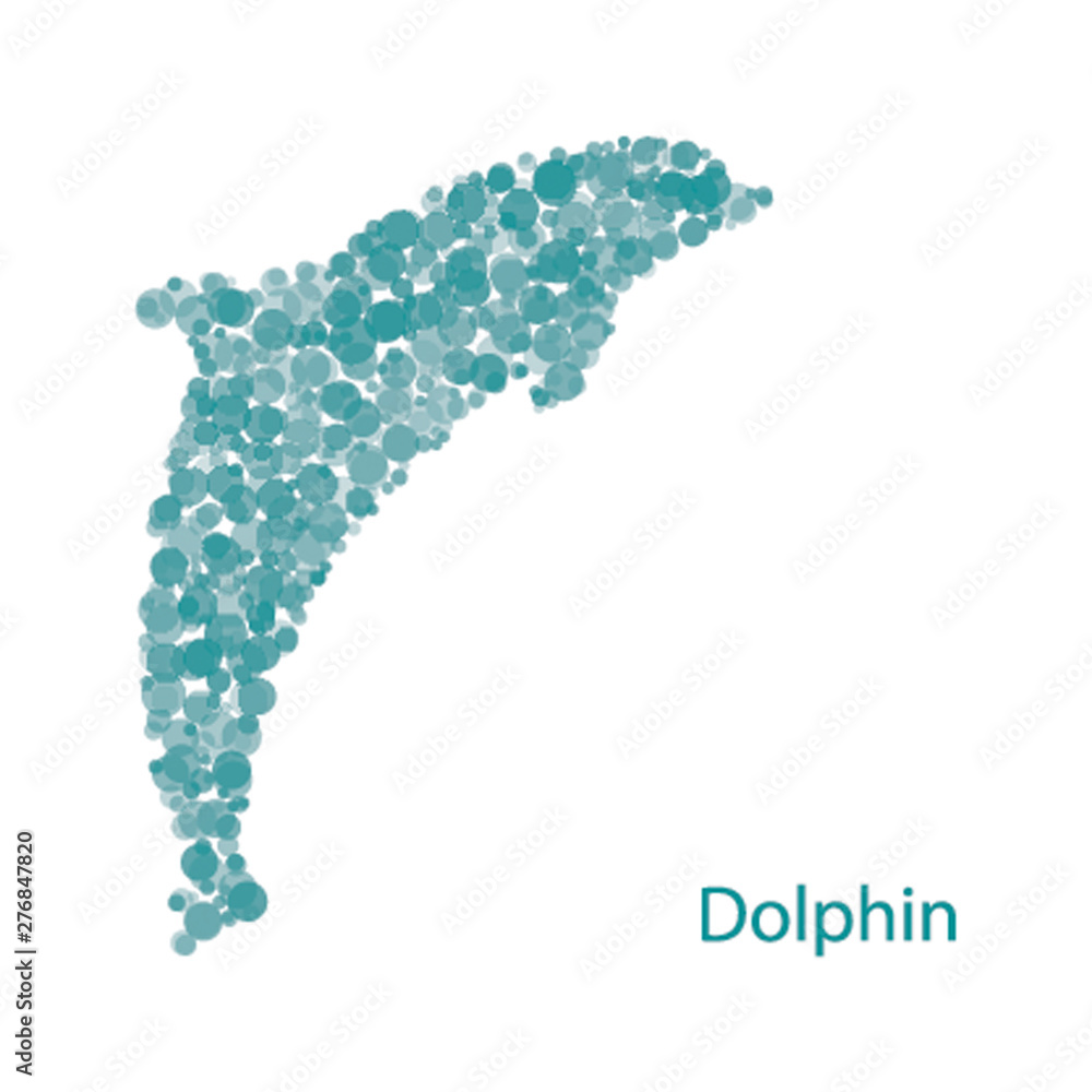 Poster silhouette of dolphin filled with circles of different sizes and degrees of transparency on white ba