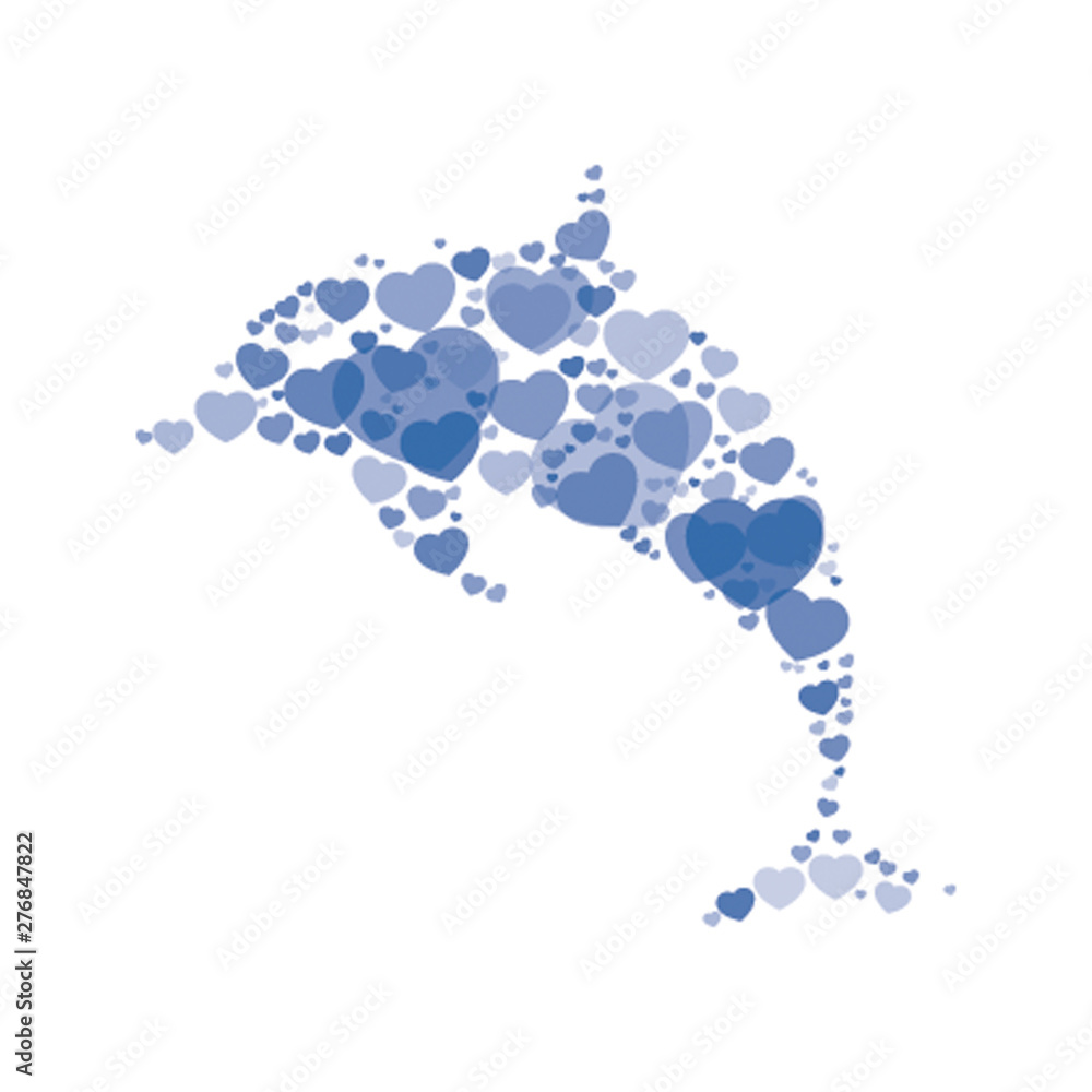 Poster abstract silhouette of dolphin filled with blue symbols of hearts of different sizes and degrees of 