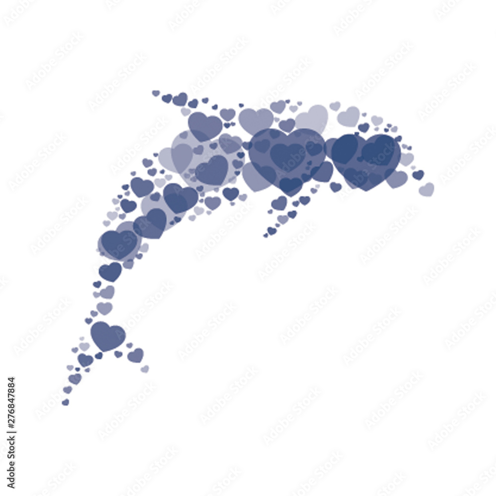 Poster abstract silhouette of dolphin filled with blue symbols of hearts of different sizes and degrees of 