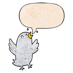 cartoon bird singing and speech bubble in retro texture style