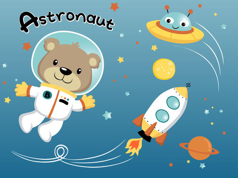 Funny astronaut cartoon flying in the space with spaceship