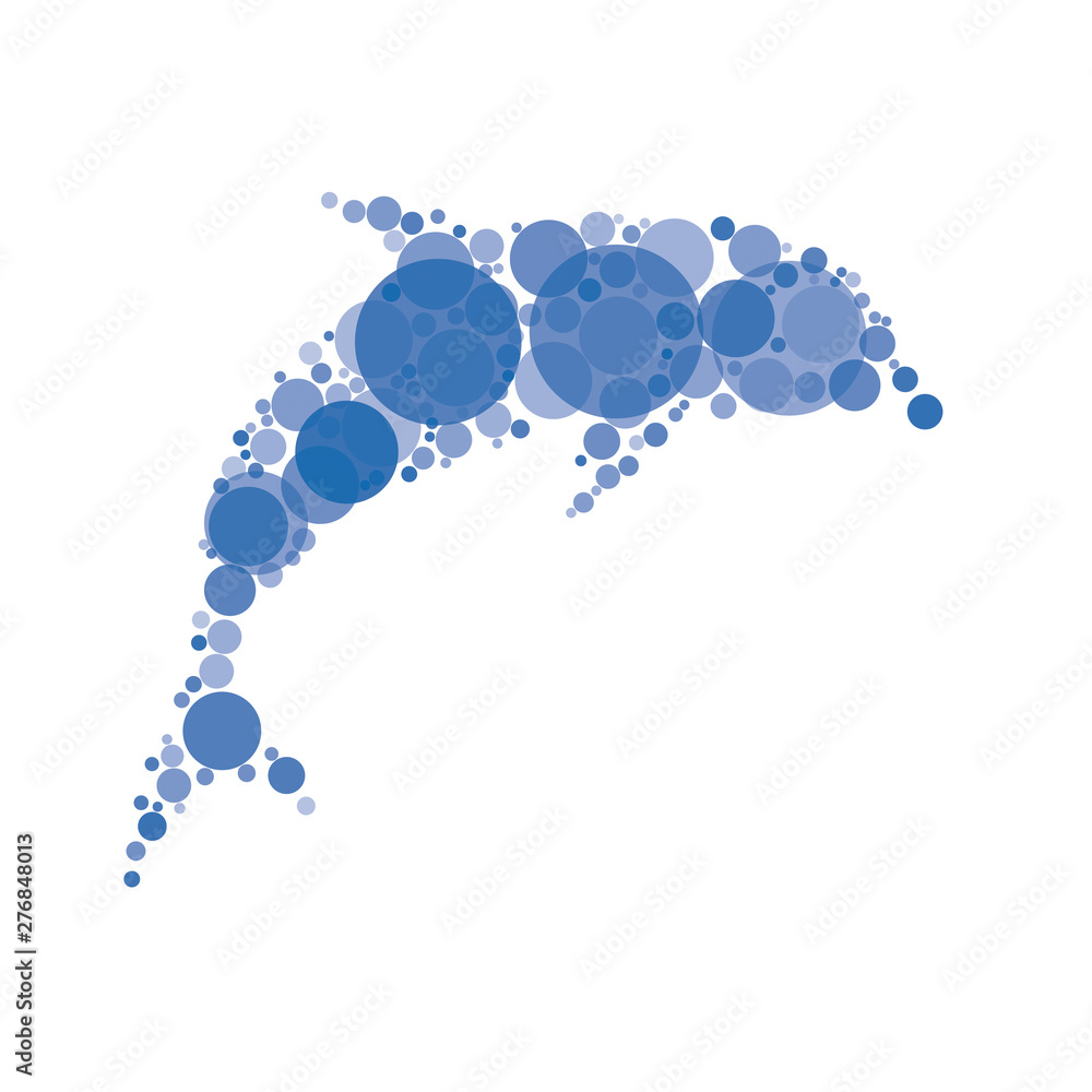 Poster silhouette of dolphin filled with circles of different sizes and degrees of transparency on white ba