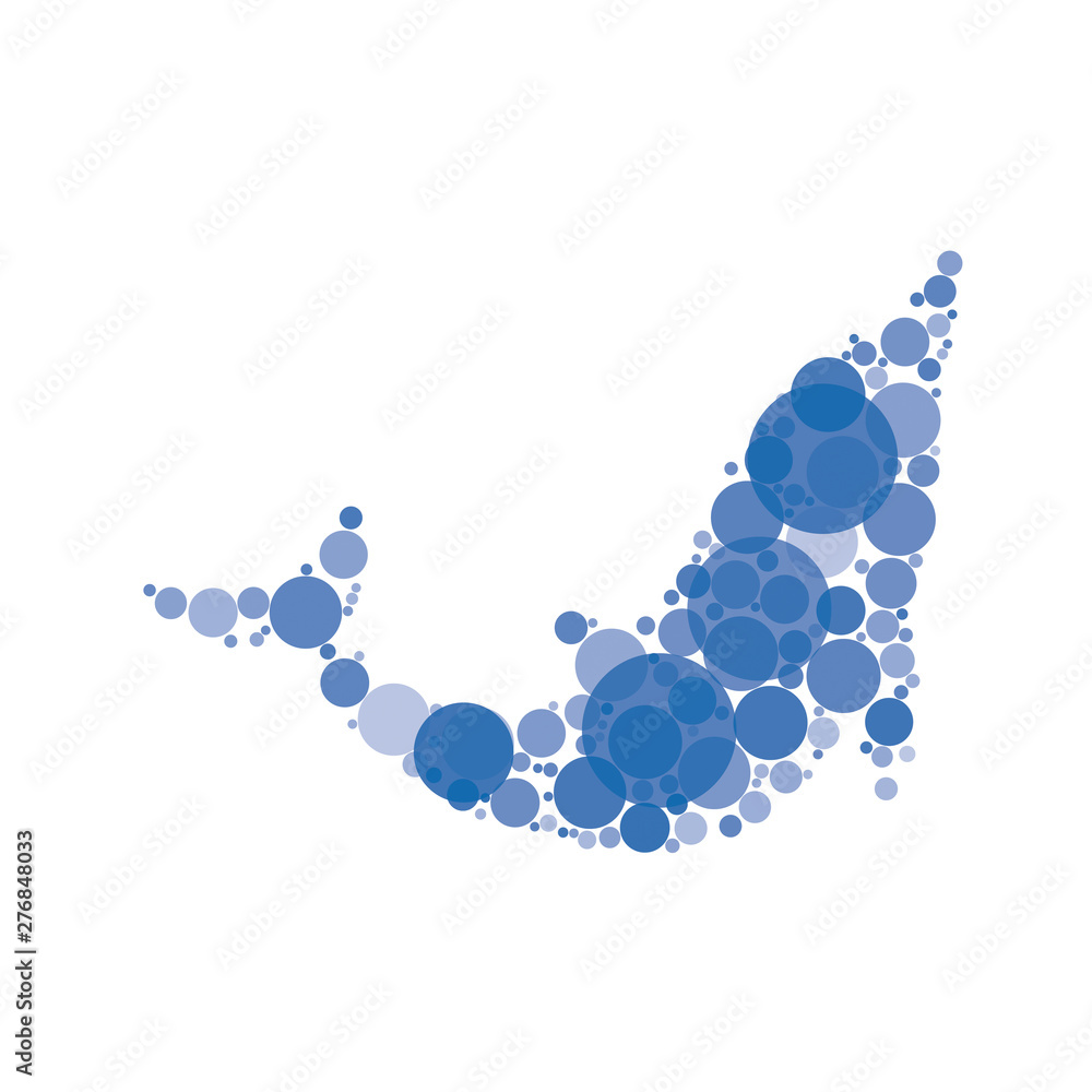 Poster silhouette of dolphin filled with circles of different sizes and degrees of transparency on white ba