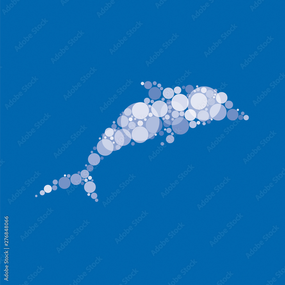 Aufkleber silhouette of dolphin filled with white circles of different sizes and degrees of transparency on bl