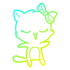 cold gradient line drawing cartoon cat with bow on head