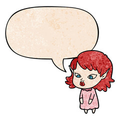 cartoon elf girl and pointy ears and speech bubble in retro texture style
