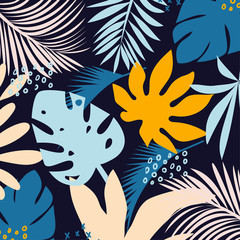 Naklejka premium Trending bright background with colorful tropical leaves and plants on dark background. Vector design. Jungle print. Floral background. Printing and textiles. Exotic tropics. Summer design.