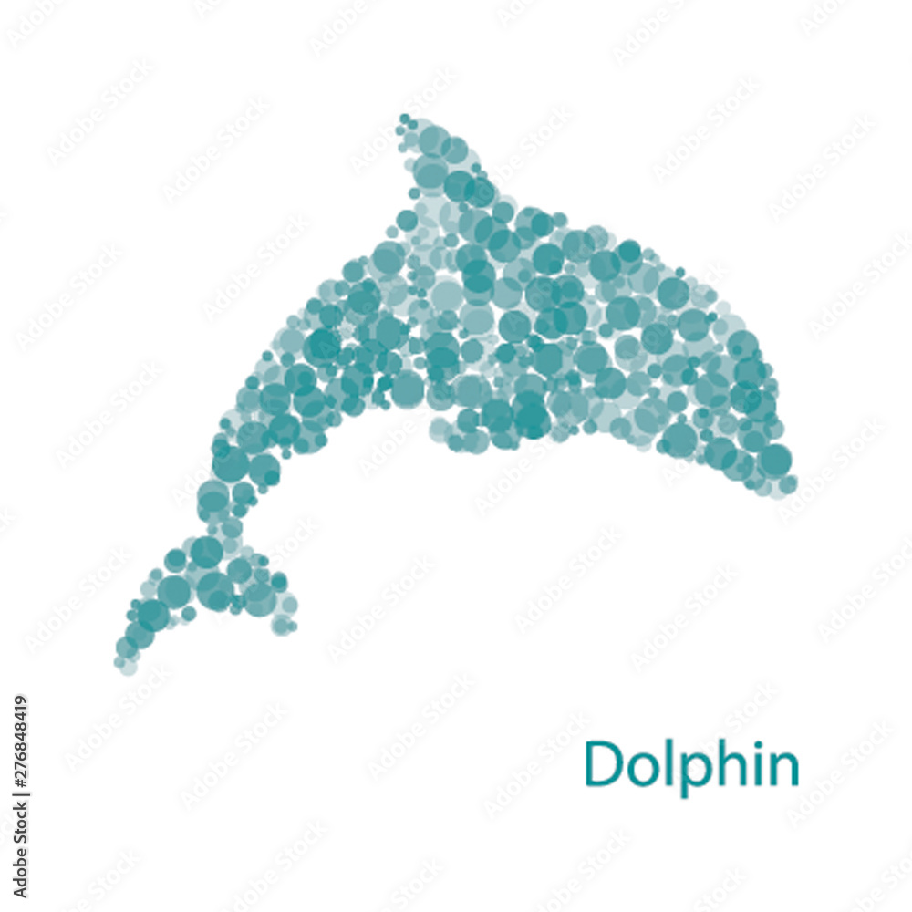 Poster silhouette of dolphin filled with circles of different sizes and degrees of transparency on white ba