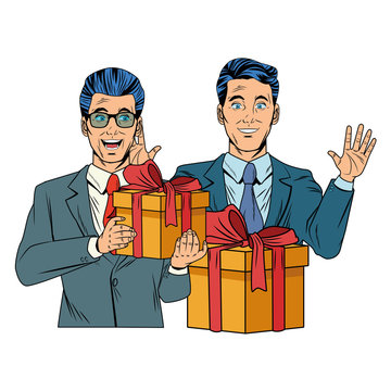 men avatar with gift box pop art