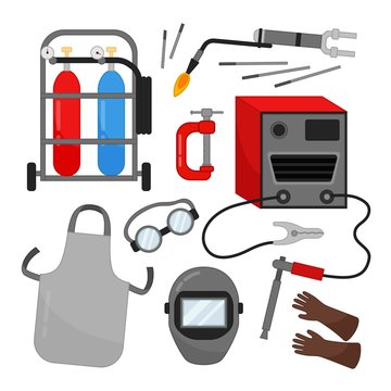 Vector set of welding equipment. Cartoon illustration of the welding machine, gas cylinders, equipment.