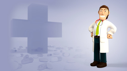 Cartoon 3d doctor with a stethoscope proud and smiling with hands on his hips on a purple background with medical cross and pills 3d rendering