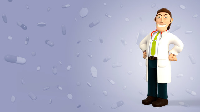 Cartoon 3d doctor with a stethoscope proud and smiling with hands on his hips on a purple background with falling pills and tablets 3d rendering