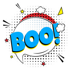 Comic Lettering Boo In The Speech Bubbles Comic Style Flat Design. Dynamic Pop Art Vector Illustration Isolated On White Background. Exclamation Concept Of Comic Book Style Pop Art Voice Phrase.