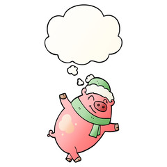 cartoon pig wearing christmas hat and thought bubble in smooth gradient style