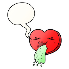 cartoon love sick heart and speech bubble in smooth gradient style