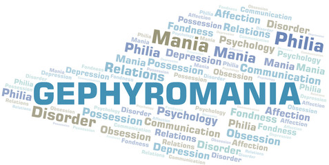 Gephyromania word cloud. Type of mania, made with text only.