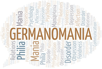 Germanomania word cloud. Type of mania, made with text only.