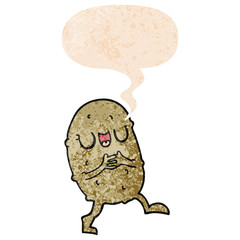 cartoon happy potato and speech bubble in retro textured style