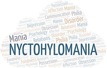 Nyctohylomania word cloud. Type of mania, made with text only.