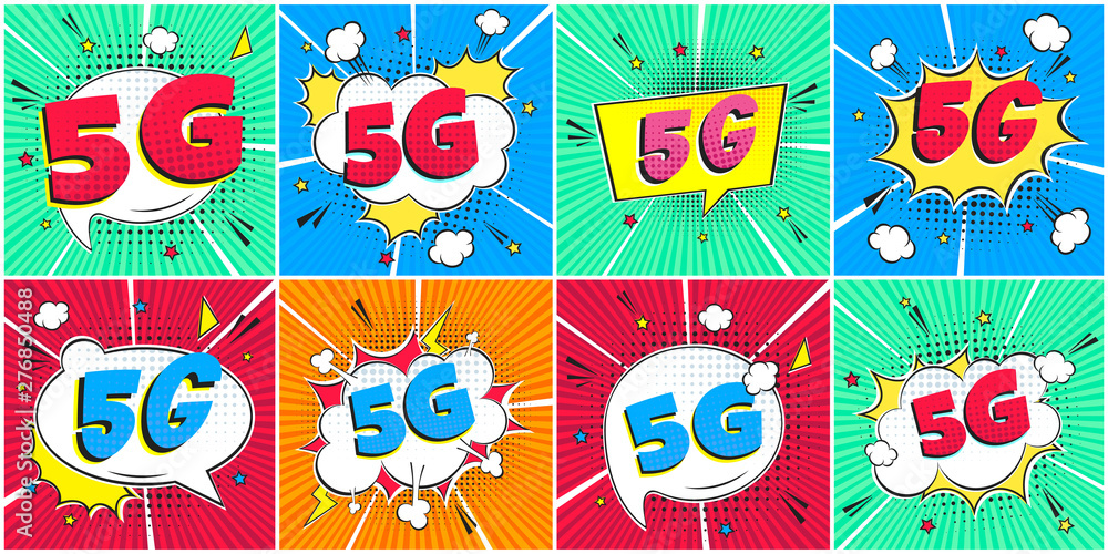 Poster 5g new wireless internet wifi connection comic style speech bubble exclamation text 5g flat style de