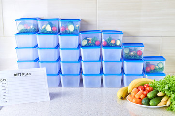 A meal plan for a week on a white table among set of plastic containers for food and food. Proper nutrition during the week.