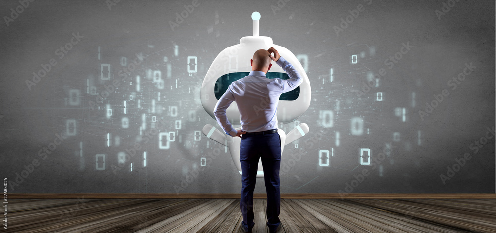 Poster businessman in front of a wall with chatbot with binary code 3d rendering