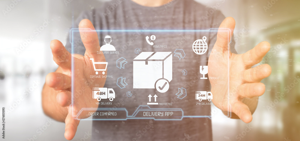 Poster businessman holding a logistic delivery application screen 3d rendering