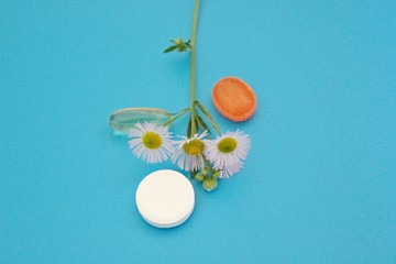 Pharmacology pills on blue background