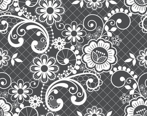 Seamless lace retro vector pattern - detailed repetitive design with flowers and swirls, ornamental background in white on gray