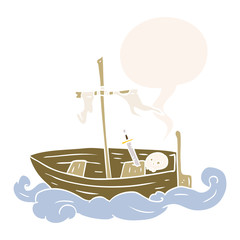 cartoon old shipwrecked boat and speech bubble in retro style