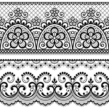 Decorative vintage lace seamless vector pattern, ornamental repetitive design with flowers and swirls in black on white background