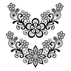 Lace single vector pattern set - black floral lace half wreath, half circles design collection, retro openwork background