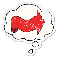 cartoon pointing arrow and thought bubble as a distressed worn sticker