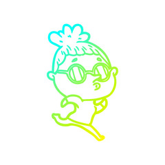 cold gradient line drawing cartoon woman wearing glasses