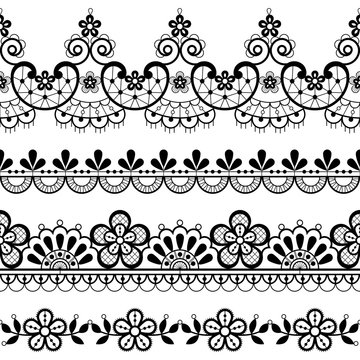 Vintage lace seamless vector pattern, ornamental repetitive design with flowers and swirls in black on white background