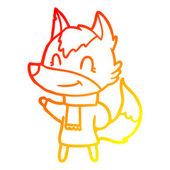 warm gradient line drawing friendly cartoon wolf in winter clothes