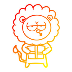 warm gradient line drawing cartoon bored lion with present