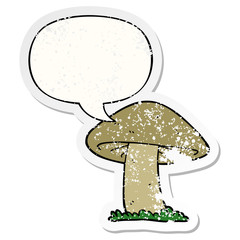 cartoon mushroom and speech bubble distressed sticker