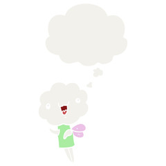 cute cartoon cloud head creature and thought bubble in retro style