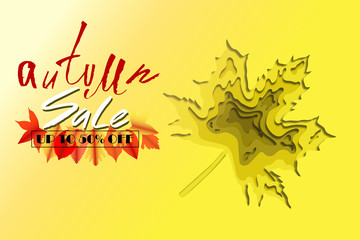 Autumn SALE  lettering and yellow gradient layered effect leaf background in paper cut style.Autumn sale background layout decorated with maple leaf pattern for selling purchases or promotional poster